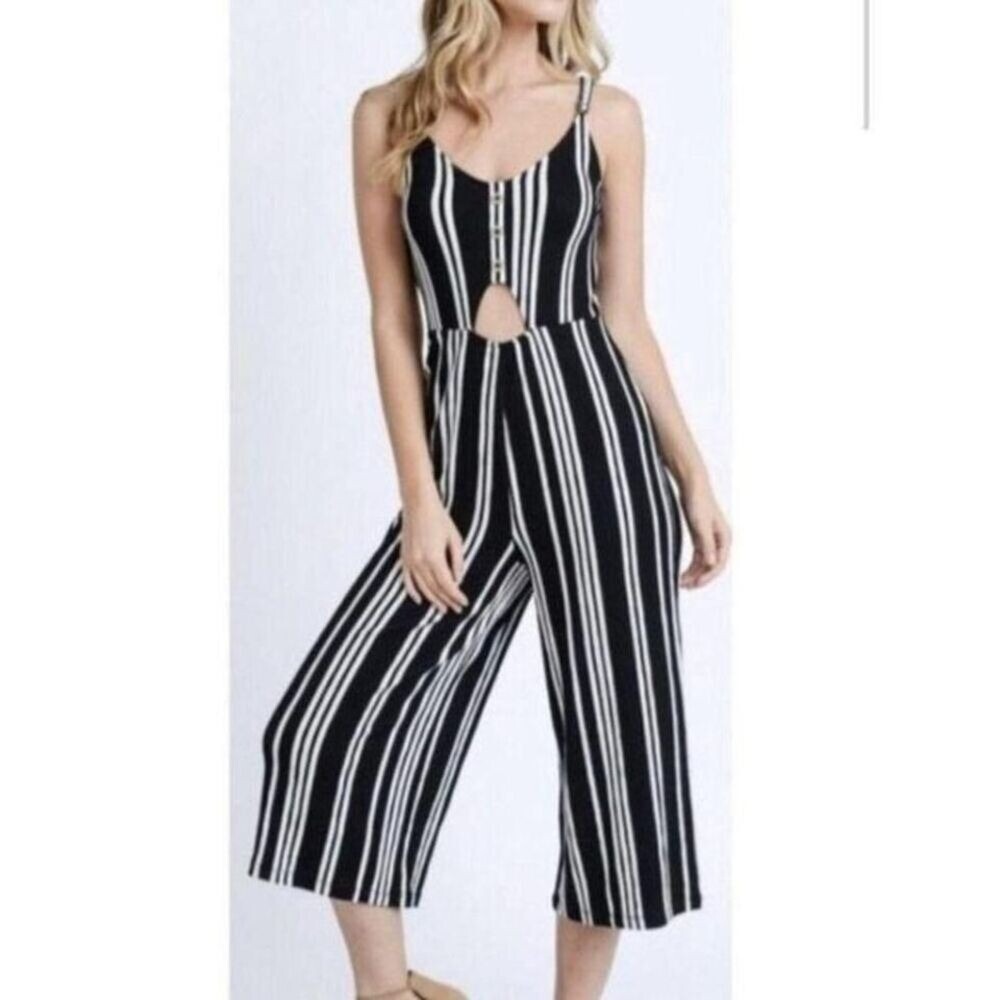 Love Tree Crop Jumpsuit Womens L‎ Black White Stripe Wide Leg Nautical Coastal